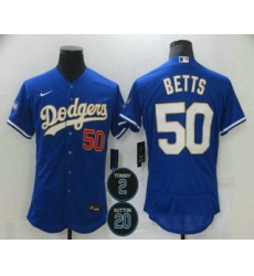 Men Los Angeles Dodgers 50 Mookie Betts Blue Gold 2 20 Patch Stitched MLB Flex Base Nike Jersey
