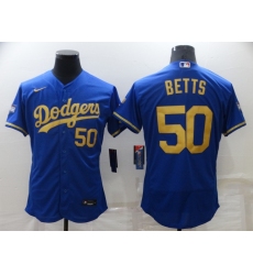 Men Los Angeles Dodgers 50 Mookie Betts Blue Gold 2020 World Series Flex Base Stitched Jersey