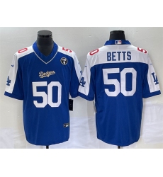 Men Los Angeles Dodgers 50 Mookie Betts Blue Vin Scully Patch Stitched Jersey