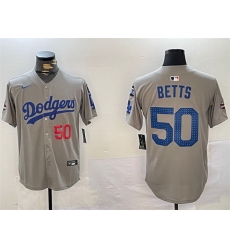 Men Los Angeles Dodgers 50 Mookie Betts Grey 2024 World Series Champions With Fernando Memorial Patch Limited Stitched Baseball Jersey