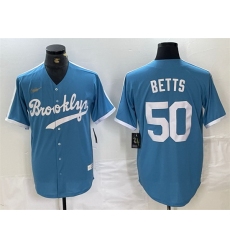Men Los Angeles Dodgers 50 Mookie Betts Light Blue Throwback Cool Base Stitched Baseball Jersey