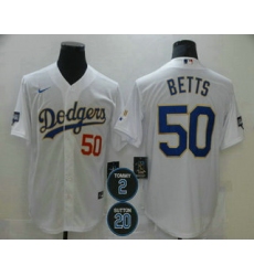 Men Los Angeles Dodgers 50 Mookie Betts Red Number White Gold 2 20 Patch Stitched MLB Cool Base Nike Jersey