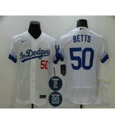 Men Los Angeles Dodgers 50 Mookie Betts White 2 20 Patch City Connect Flex Base Stitched Jersey