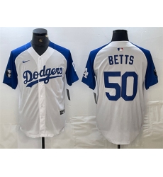 Men Los Angeles Dodgers 50 Mookie Betts White Blue Vin Patch Cool Base Stitched Baseball Jersey