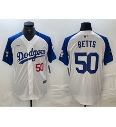 Men Los Angeles Dodgers 50 Mookie Betts White Blue Vin Patch Cool Base Stitched Baseball Jersey III