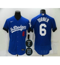 Men Los Angeles Dodgers 6 Trea Turner Blue 2 20 Patch City Connect Flex Base Stitched Jersey