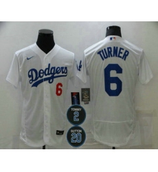 Men Los Angeles Dodgers 6 Trea Turner White 2 20 Patch Stitched MLB Flex Base Nike Jersey