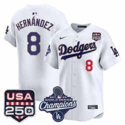 Men Los Angeles Dodgers 8 Kike Hernandez White 2025 World Series Champions 250 America Patch Stitched Baseball Jersey