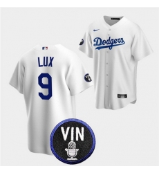 Men Los Angeles Dodgers 9 Gavin Lux 2022 White Vin Scully Patch Cool Base Stitched Baseball Jersey