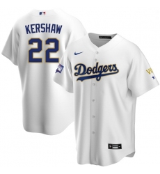 Men Los Angeles Dodgers Clayton Kershaw 22 Championship Gold Trim White Limited All Stitched Cool Base Jersey
