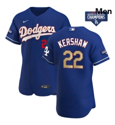 Men Los Angeles Dodgers Clayton Kershaw 22 Gold Program Designed Edition Blue Flex Base Stitched Jersey