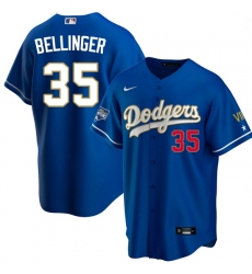 Men Los Angeles Dodgers Cody Bellinger 35 Championship Gold Trim Blue Limited All Stitched Flex Base Jersey