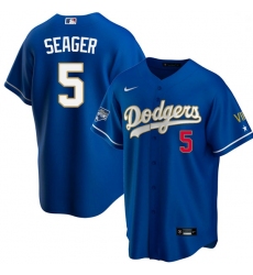 Men Los Angeles Dodgers Corey Seager 5 Championship Gold Trim Blue Limited All Stitched Flex Base Jersey