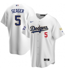 Men Los Angeles Dodgers Corey Seager 5 Championship Gold Trim White Limited All Stitched Flex Base Jersey