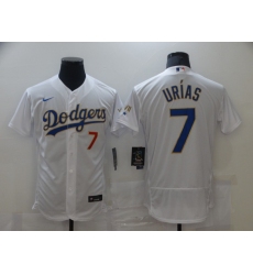 Men Los Angeles Dodgers Julio Urias 7 Championship Gold Trim White Limited All Stitched Flex Base Jersey