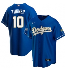Men Los Angeles Dodgers Justin Turner 10 Championship Gold Trim Blue Limited All Stitched Cool Base Jersey