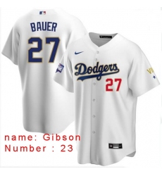 Men Los Angeles Dodgers Kirk Gibson 23 Championship Gold Trim White Limited All Stitched Flex Base Jersey