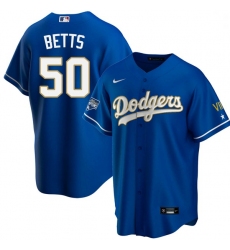 Men Los Angeles Dodgers Mookie Betts 50 Championship Gold Trim Blue Limited All Stitched Cool Base Jersey