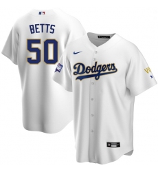 Men Los Angeles Dodgers Mookie Betts 50 Championship Gold Trim White Limited All Stitched Cool Base Jersey