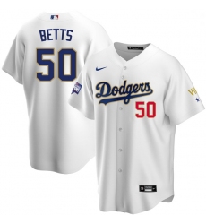 Men Los Angeles Dodgers Mookie Betts 50 Championship Gold Trim White Limited All Stitched Flex Base Jersey