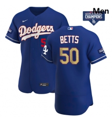 Men Los Angeles Dodgers Mookie Betts 50 Gold Program Designed Edition Blue Flex Base Stitched Jersey