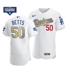 Men Los Angeles Dodgers Mookie Betts 50 Gold Program White Flex Base Stitched Jersey
