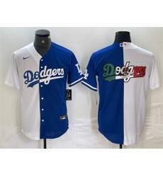 Men Los Angeles Dodgers Team Big Logo White Blue Split Cool Base Stitched Baseball Jersey 1