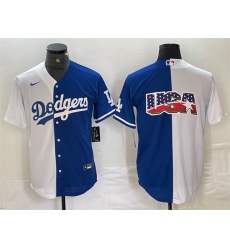 Men Los Angeles Dodgers Team Big Logo White Blue Split Cool Base Stitched Baseball Jersey 3