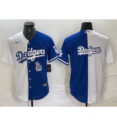 Men Los Angeles Dodgers Team Big Logo White Blue Split Cool Base Stitched Baseball Jersey 8
