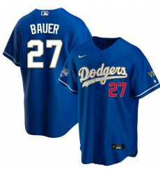 Men Los Angeles Dodgers Trevor Bauer 27 Championship Gold Trim Blue Limited All Stitched Flex Base Jersey