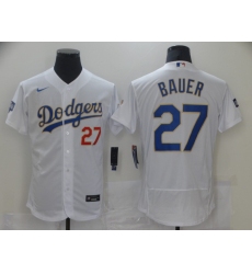 Men Los Angeles Dodgers Trevor Bauer 27 Championship Gold Trim White Limited All Stitched Flex Base Jersey