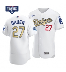 Men Los Angeles Dodgers Trevor Bauer 27 Gold Program White Flex Base Stitched Jersey