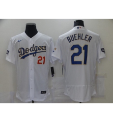 Men Los Angeles Dodgers Walker Buehler 21 Championship Gold Trim White Limited All Stitched Flex Base Jersey