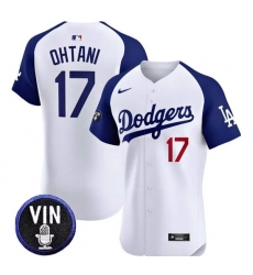 Men Men Los Angeles Dodgers 17 Shohei Ohtani White Vin Scully Patch Stitched Jersey