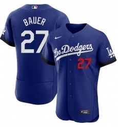 Men's Los Angeles Dodgers #27 Trevor Bauer 2021 Royal City Connect Flex Base Stitched Baseball Jersey