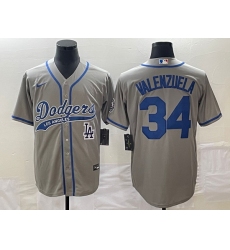 Men's Los Angeles Dodgers #34 Fernando Valenzuela Grey With Patch Cool Base Stitched Baseball Jersey