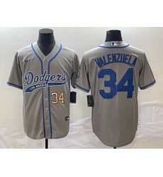 Men's Los Angeles Dodgers #34 Fernando Valenzuela Number Grey With Patch Cool Base Stitched Baseball Jersey