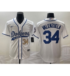 Men's Los Angeles Dodgers #34 Fernando Valenzuela Number White With Patch Cool Base Stitched Baseball Jersey