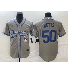 Men's Los Angeles Dodgers #50 Mookie Betts Grey With Patch Cool Base Stitched Baseball Jersey