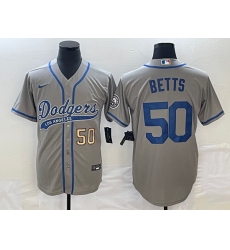 Men's Los Angeles Dodgers #50 Mookie Betts Number Grey With Patch Cool Base Stitched Baseball Jersey