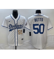 Men's Los Angeles Dodgers #50 Mookie Betts Number White With Patch Cool Base Stitched Baseball Jersey