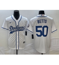 Men's Los Angeles Dodgers #50 Mookie Betts White With Patch Cool Base Stitched Baseball Jersey