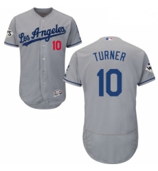 Mens Majestic Los Angeles Dodgers 10 Justin Turner Authentic Grey Road 2017 World Series Bound Flex Base Jersey