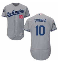 Mens Majestic Los Angeles Dodgers 10 Justin Turner Grey Road Flex Base Authentic Collection 2018 World Series Jersey
