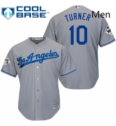 Mens Majestic Los Angeles Dodgers 10 Justin Turner Replica Grey Road 2017 World Series Bound Cool Base MLB Jersey