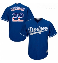 Mens Majestic Los Angeles Dodgers 22 Clayton Kershaw Authentic Royal Blue USA Flag Fashion Cool Base MLB Jersey