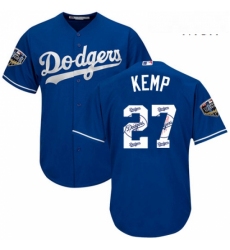 Mens Majestic Los Angeles Dodgers 27 Matt Kemp Authentic Royal Blue Team Logo Fashion Cool Base 2018 World Series MLB Jersey 