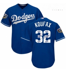 Mens Majestic Los Angeles Dodgers 32 Sandy Koufax Authentic Royal Blue Team Logo Fashion Cool Base 2018 World Series MLB Jersey
