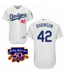 Mens Majestic Los Angeles Dodgers 42 Jackie Robinson White Home Flex Base 50 Years Breaking Barriers Patch Jersey