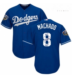 Mens Majestic Los Angeles Dodgers 8 Manny Machado Authentic Royal Blue Team Logo Fashion Cool Base 2018 World Series MLB Jersey 
